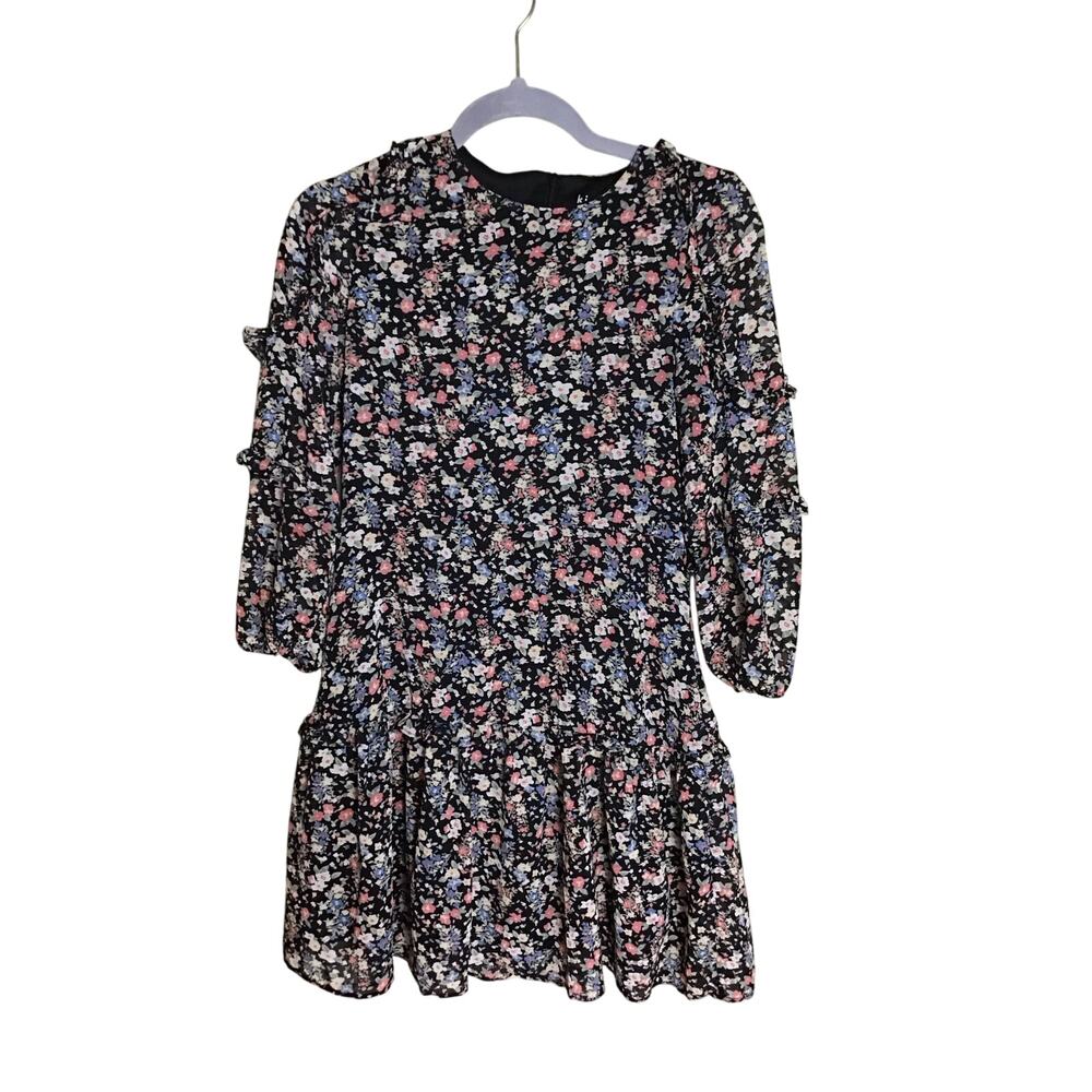 Kidpik Girls Dress Sz.14 Black EUC Floral Ruffled tiered bottom Peasant Dress